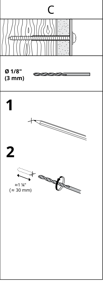 Illustration for assembly note: Reference panel C for solid wood anchoring, showing screw without plug, required 1/8 in (3 mm) drill bit, marking, and drilling depth approximately 1 1/4 in (30 mm).