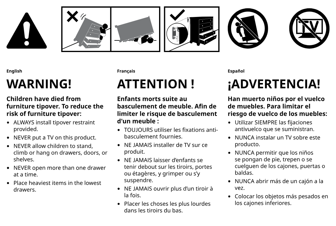 Illustration for assembly note: Top-of-manual anti-tipover safety warnings with prohibition/requirement pictograms and multilingual text (English, French, Spanish) instructing wall anchoring, no TV placement, child safety, one drawer at a time, and heavy items in lower drawers.
