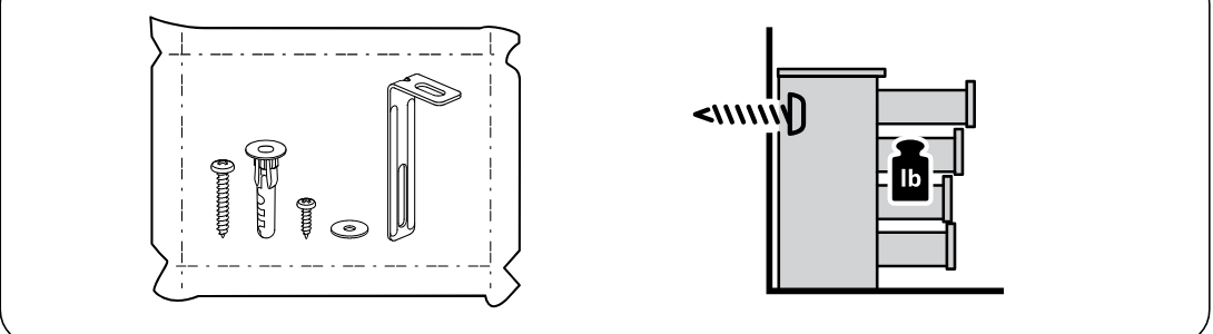 Illustration for assembly note: Hardware bag and tip-over prevention warning shows wall-fixing hardware and indicates loading the unit requires securing it to the wall.