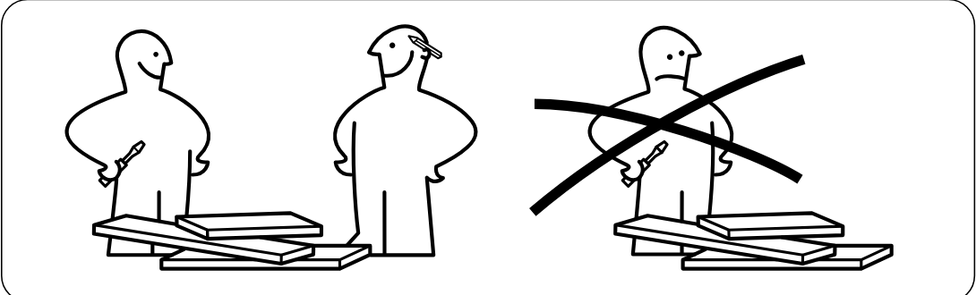 Illustration for assembly note: Two-person handling safety panel shows proper teamwork and forbids assembling alone.