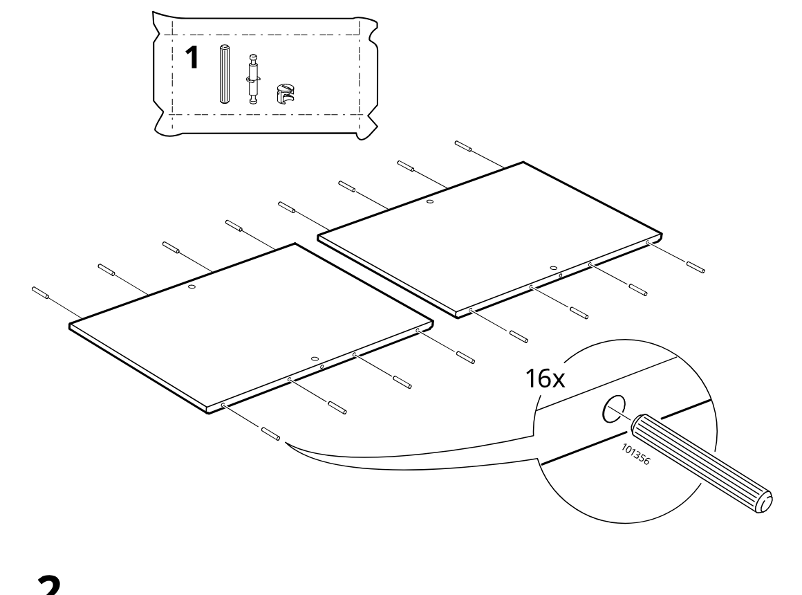 Diagram for step 1: Insert sixteen ribbed wooden dowels into the edge holes of the two panels, as indicated by the enlarged 16x zoom detail.