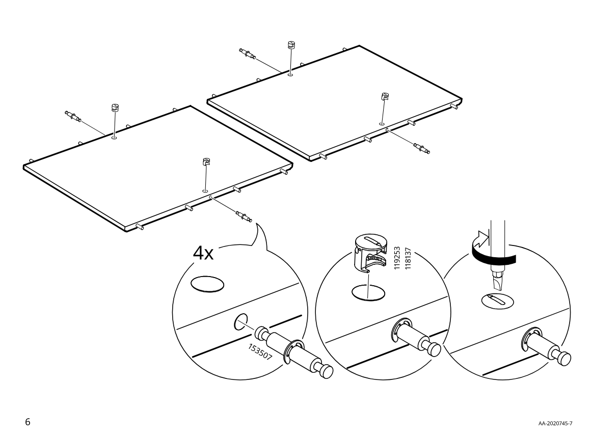 Diagram for step 2: Install four cam screws into the panel edge holes, place cam locks into the large face holes, and rotate the cam locks with a screwdriver to secure.