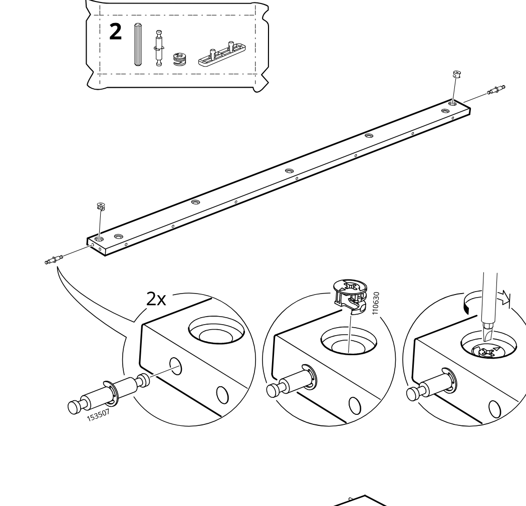 Diagram for step 3: The long rail is fitted with two connector bolts and cam locks, then the cam locks are tightened as shown in the zoom circles.