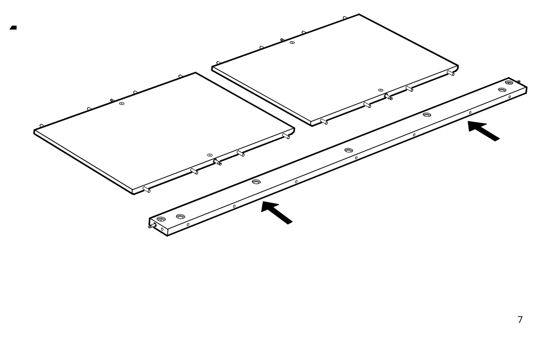 Diagram for step 4: Two large panels are aligned and lowered onto the prepared long rail, with arrows indicating the assembly direction.