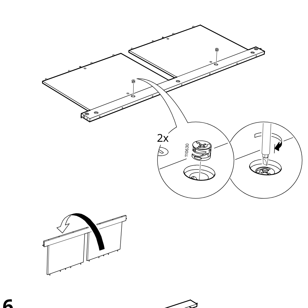 Diagram for step 5: Two cam locks are inserted and tightened in the top rail, then the panel assembly is rotated downward into position.