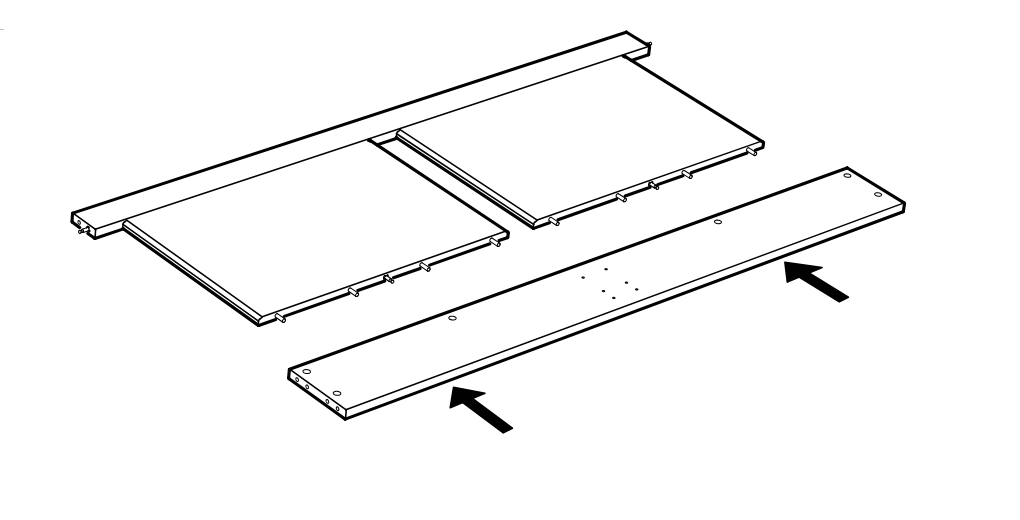 Diagram for step 6: The long board is oriented using the arrows and aligned beneath the two panel pieces and top rail for the next connection.