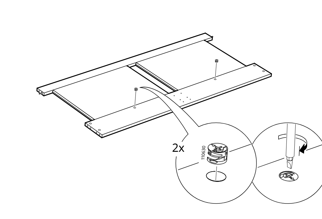 Diagram for step 7: The panel assembly is positioned and two cam locks (110630) are inserted into the large holes and turned with a screwdriver to lock.