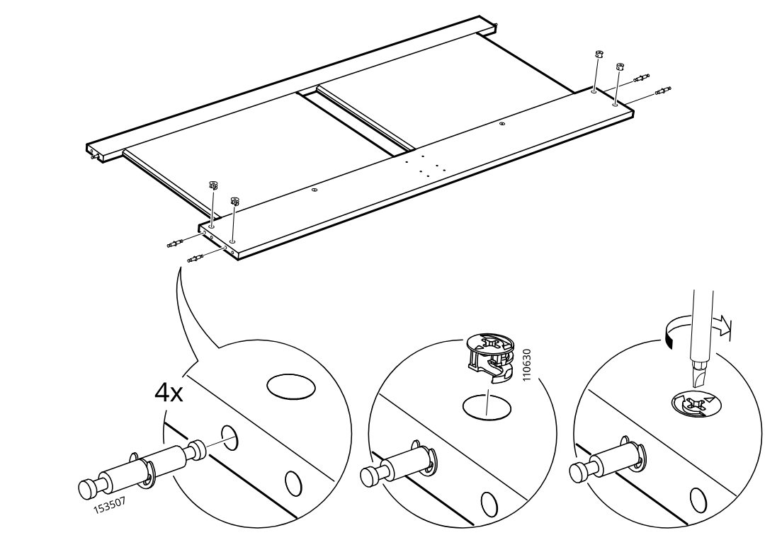 Diagram for step 8: Four connector pins (153507) are pushed into edge holes, then cam locks (110630) are inserted and turned with a screwdriver to secure them.