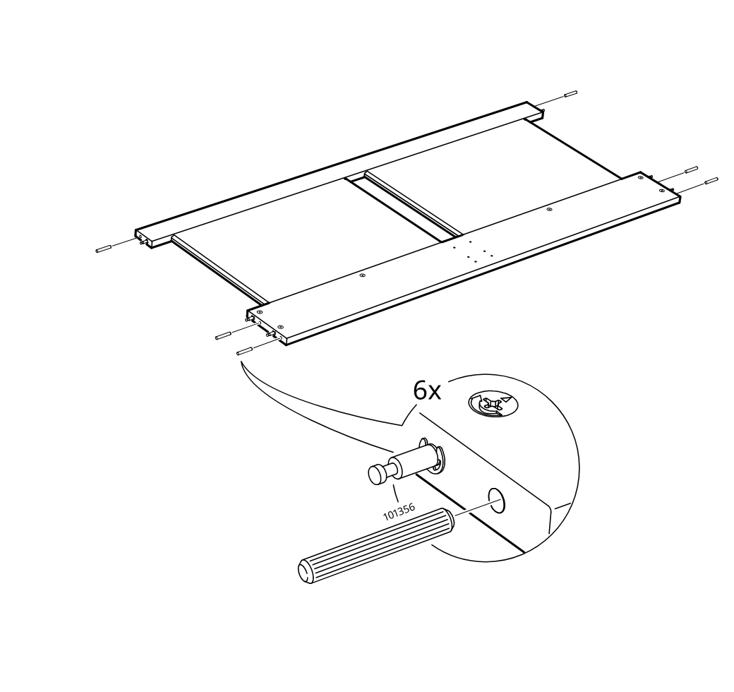 Diagram for step 9: Insert six cam fasteners and dowel pins into the panel assembly, as shown in the zoomed detail marked 6x.