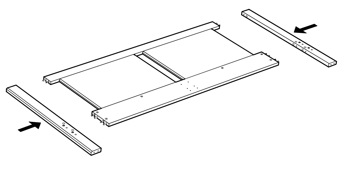Diagram for step 10: Position the two long side rails with the indicated hole orientation and slide them onto the main panel assembly from both sides.