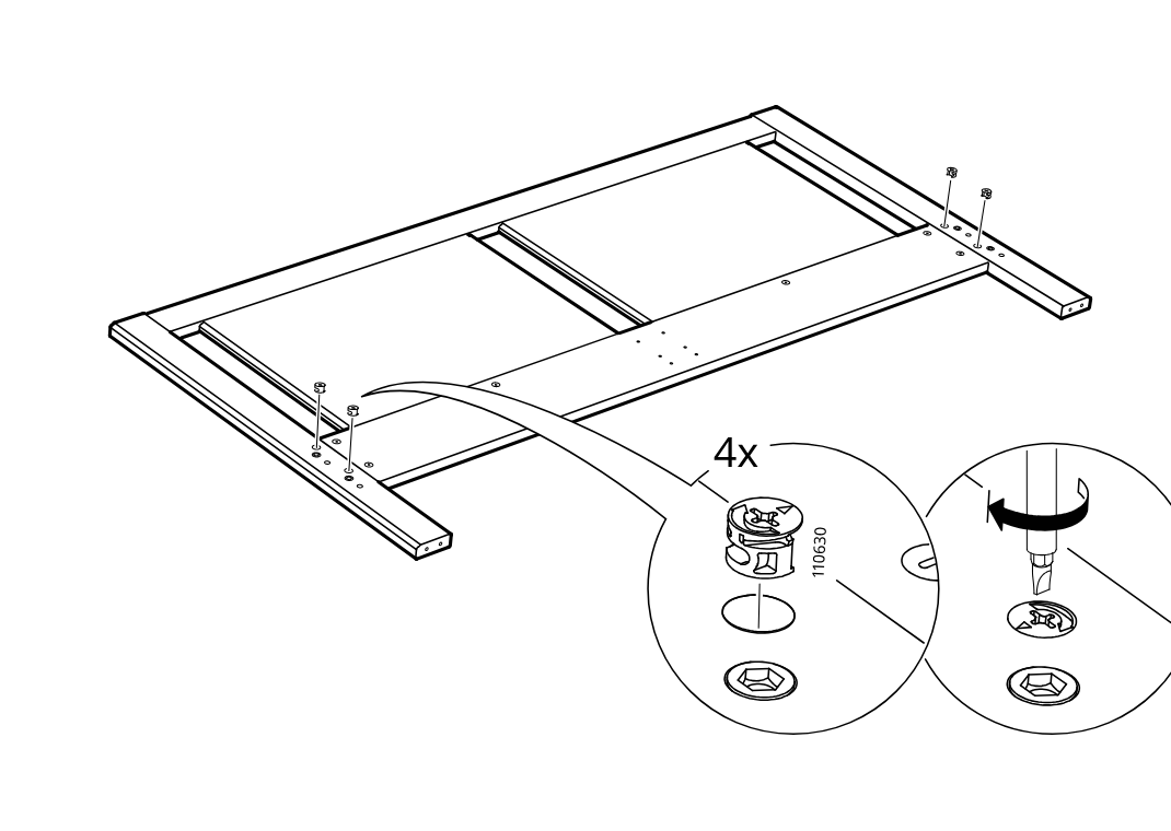 Diagram for step 11: Insert and lock four cam fittings into the side holes of the frame using a screwdriver rotation.