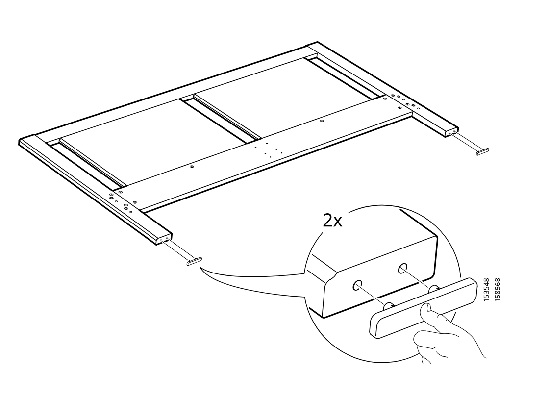 Diagram for step 12: Insert two dowel-like pins into the frame ends and press in two plastic end caps by hand.