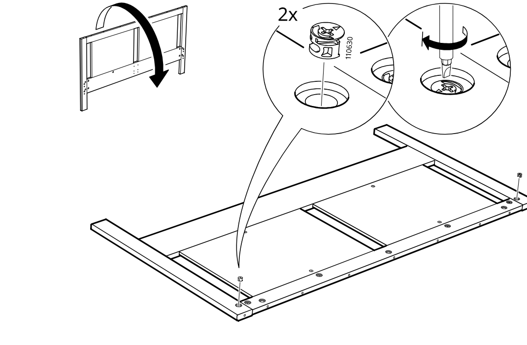 Diagram for step 13: The frame panel is rotated down into position and two cam locks (110630) are inserted and turned to secure the panel.