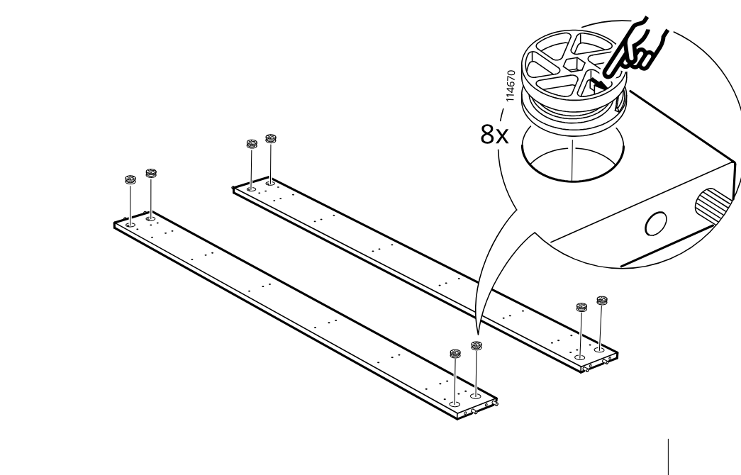 Diagram for step 15: Two long boards are prepared by inserting eight cam locks into the predrilled end holes, as shown in the zoomed detail.