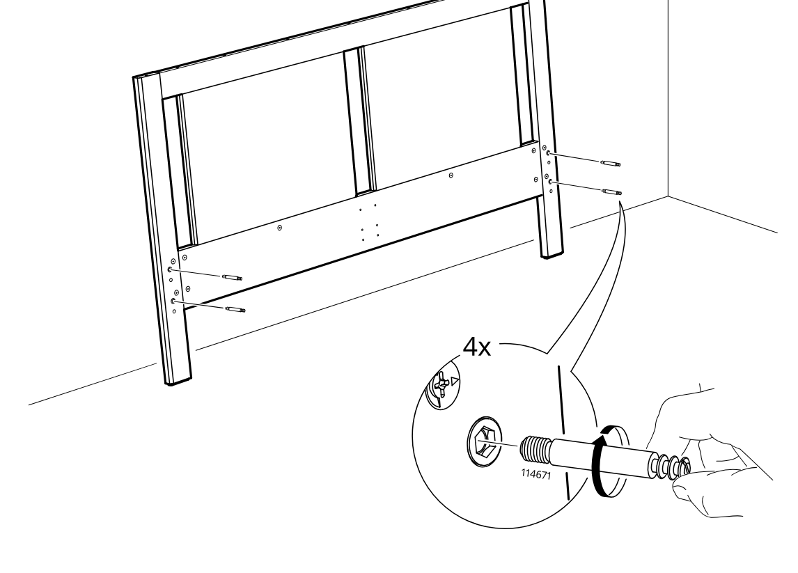 Diagram for step 16: The long board is fixed between the side frame posts with four connector bolts and tightened from the cam side, as shown in the zoomed detail.