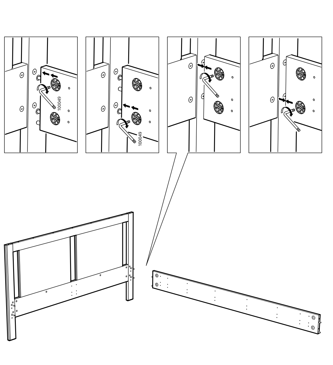 Diagram for step 17: The long side rail is aligned to the frame side and the cam locks at both ends are tightened with the Allen key, as shown in the four inset close-ups.