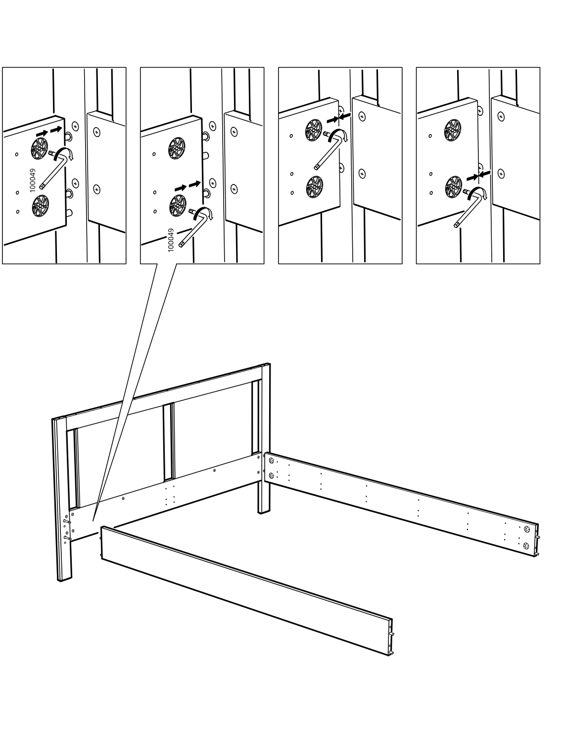 Diagram for step 18: The side rails are aligned to the headboard posts and connected, while the cam locks are tightened using the shown turning sequence in the zoom callouts.