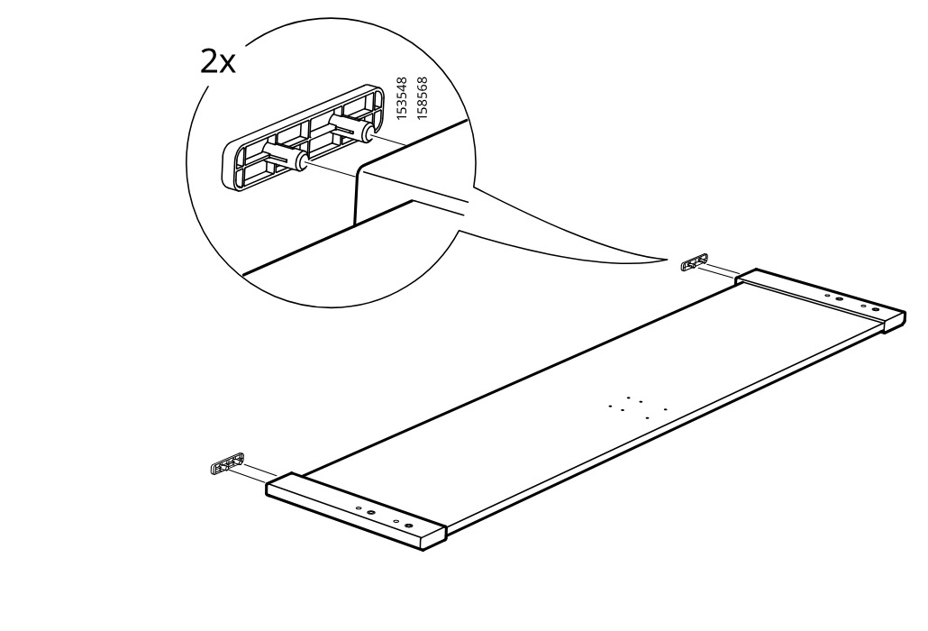 Diagram for step 19: Two plastic connector pieces are inserted into the end holes of the panel, with a zoom callout showing their orientation and placement.