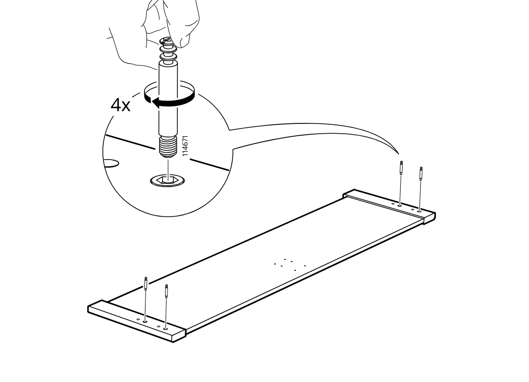 Diagram for step 20: Four threaded posts are screwed by hand into the predrilled holes at both ends of the panel, with zoom and rotation direction shown.