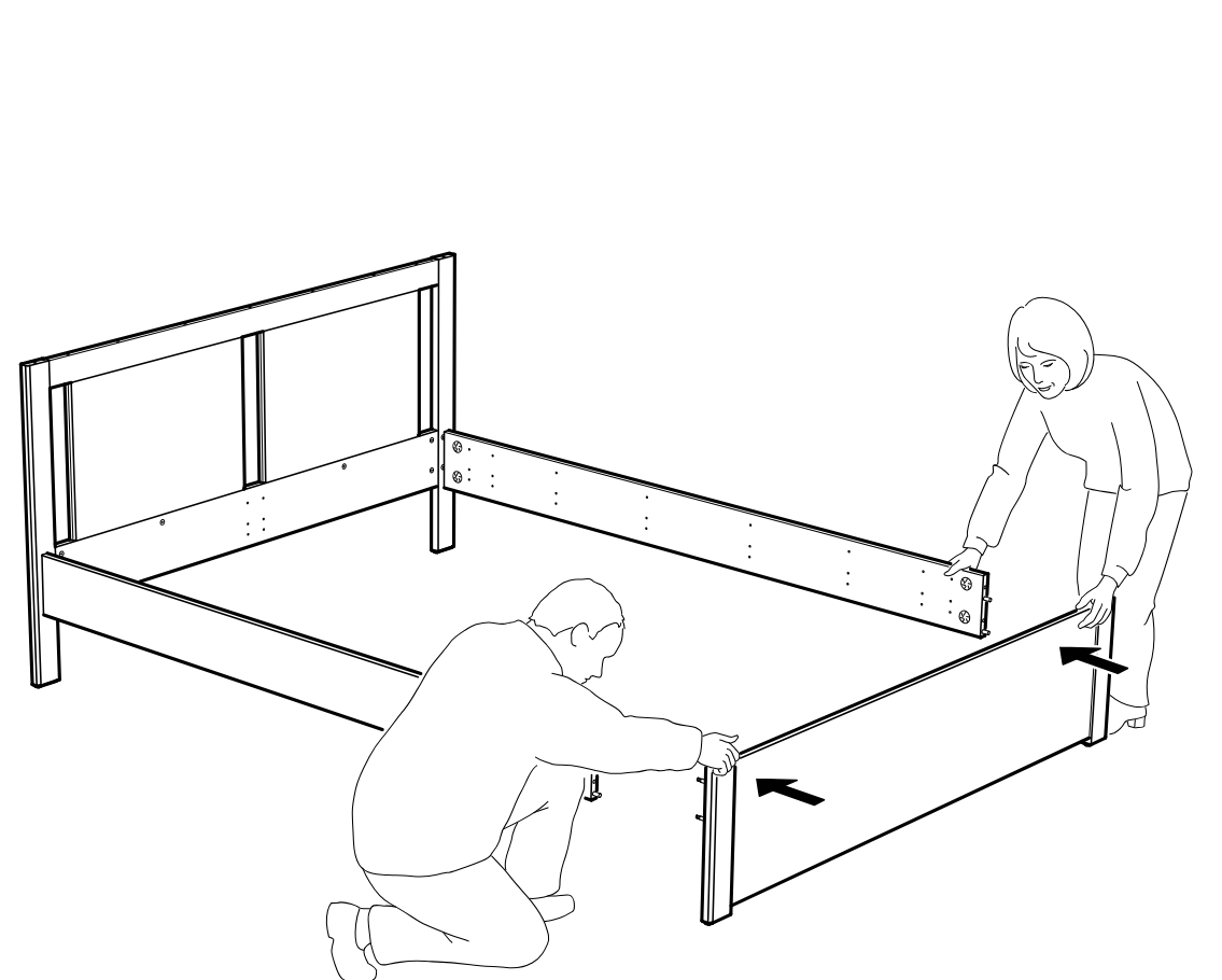 Diagram for step 21: Two people align and press the side and front bed frame panels into position around the headboard frame, pushing the joints together as indicated by arrows.