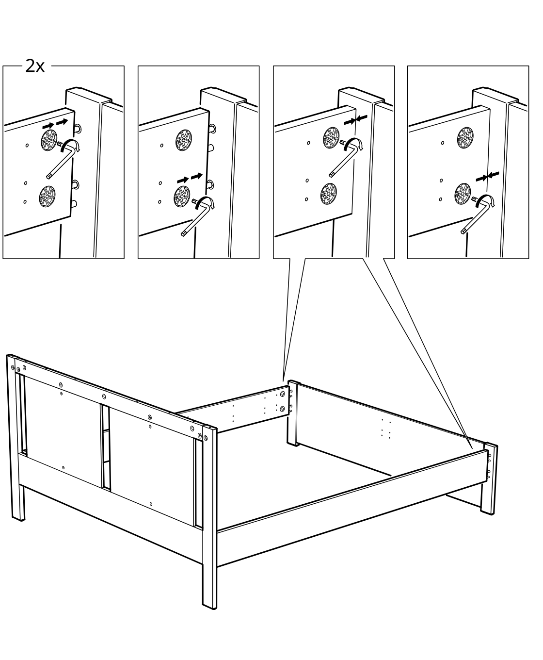 Diagram for step 22: The side and end frame pieces are joined and two cam locks are tightened on each side using the four close-up tightening sequences shown above.
