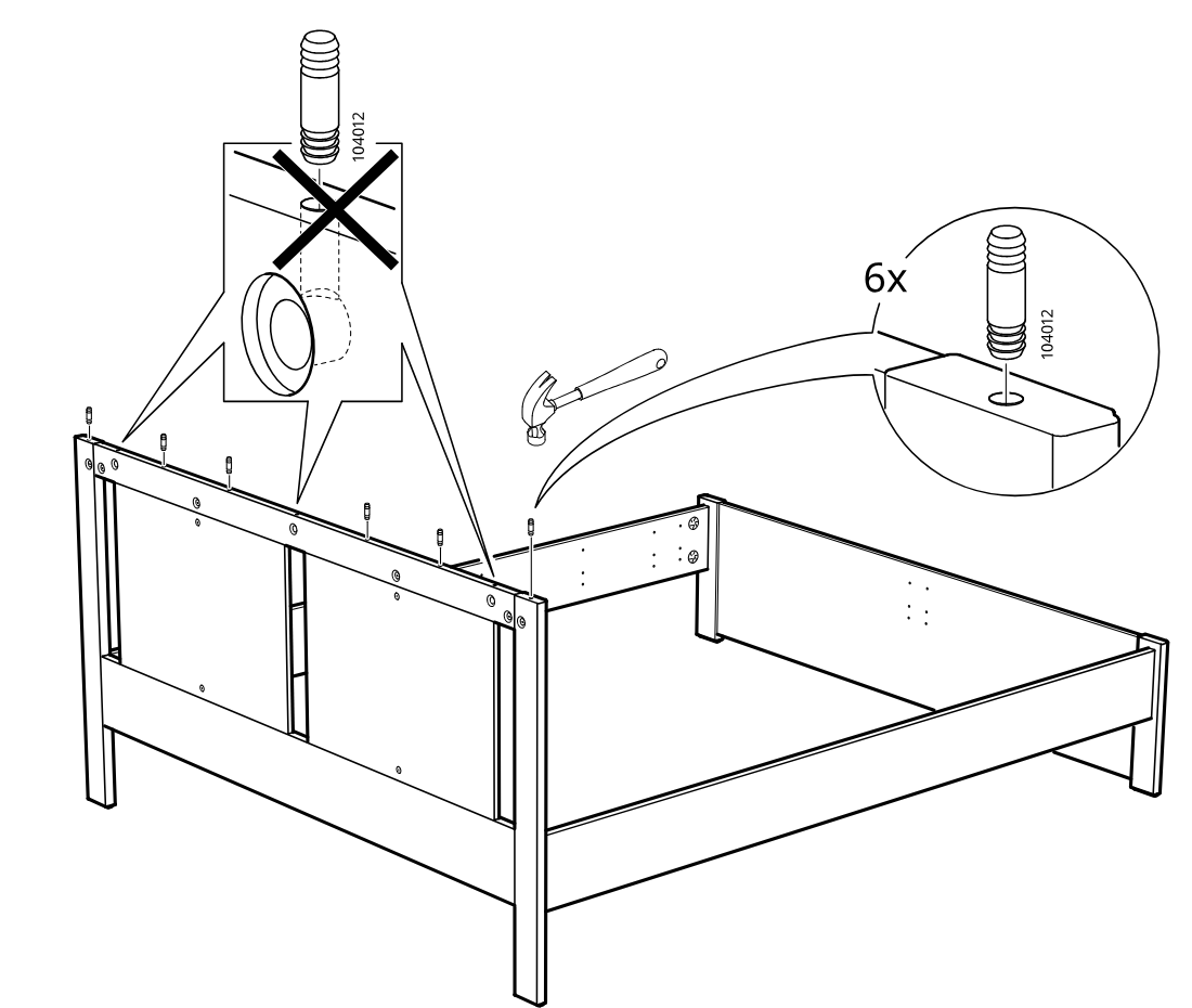 Diagram for step 23: The side frame is assembled with six 104012 threaded studs, with a hammer indicated for insertion and a crossed-out warning not to use the separate ring piece in the shown hole.