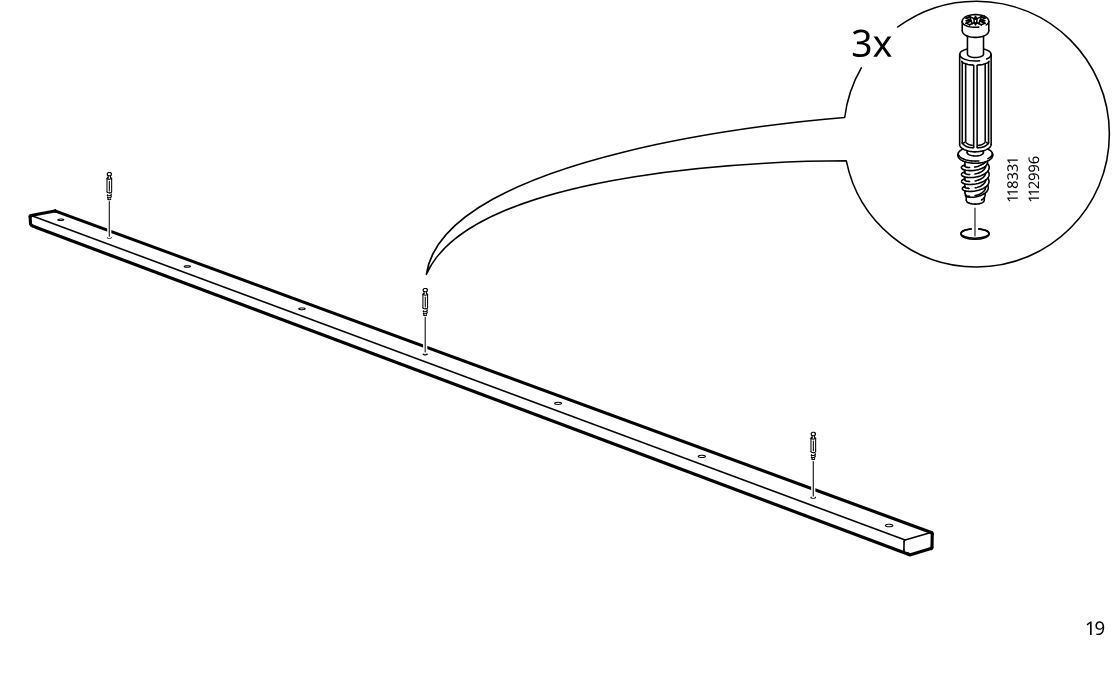 Diagram for step 24: Three 118331/112996 fasteners are installed into the long rail at the marked positions.