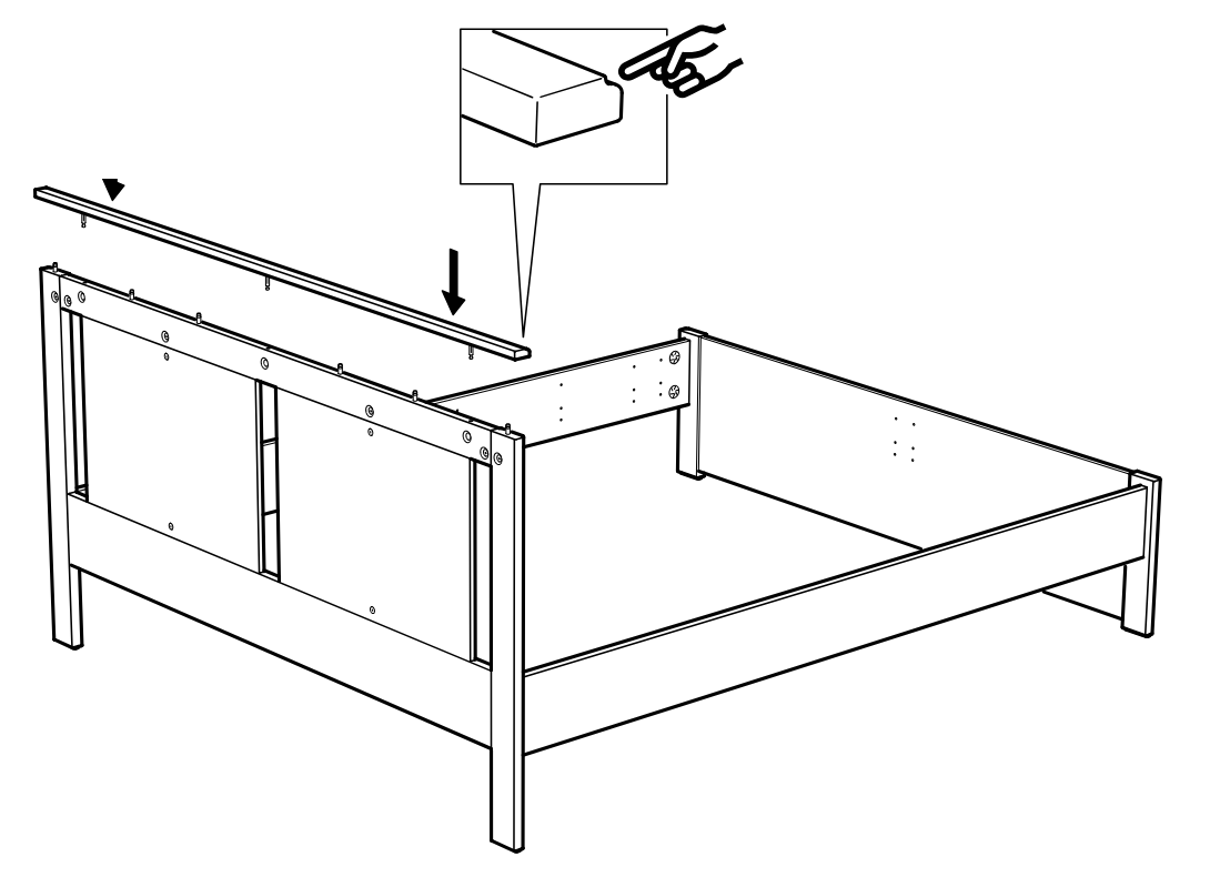 Diagram for step 25: The long top rail is aligned and lowered onto the headboard edge while the finger callout indicates pressing it fully into position.