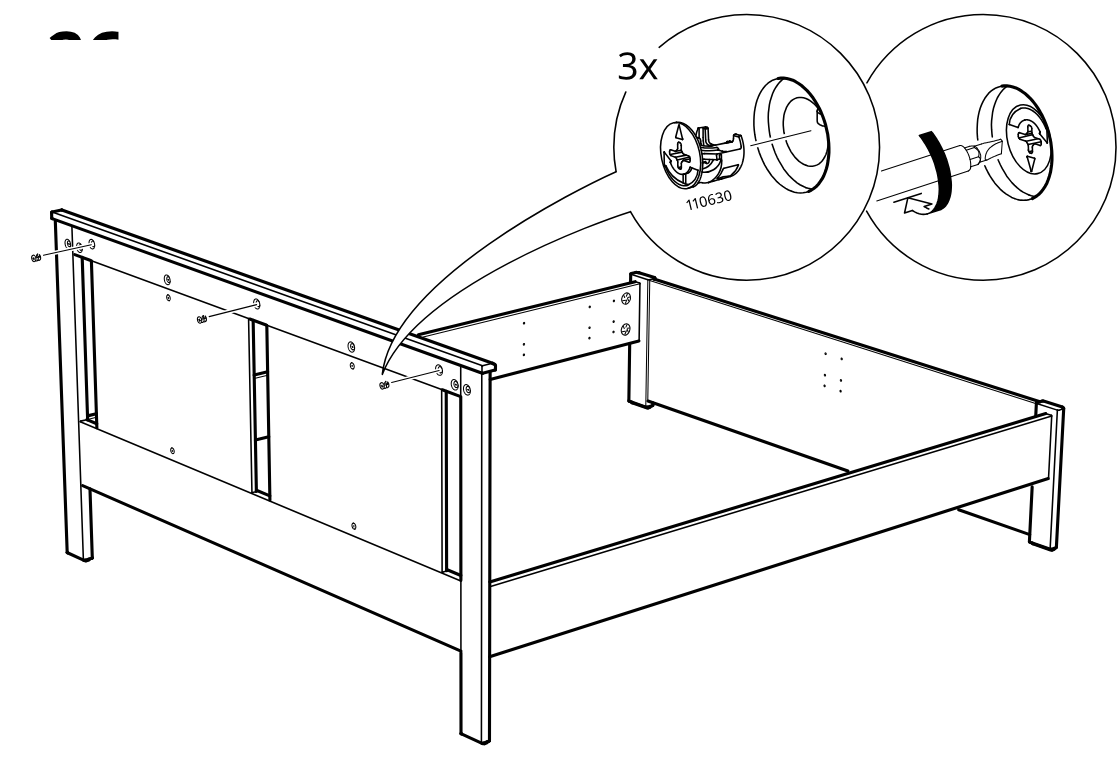 Diagram for step 26: Three cam locks (110630) are inserted into the headboard side and then tightened with a screwdriver, as shown in the zoom callouts.