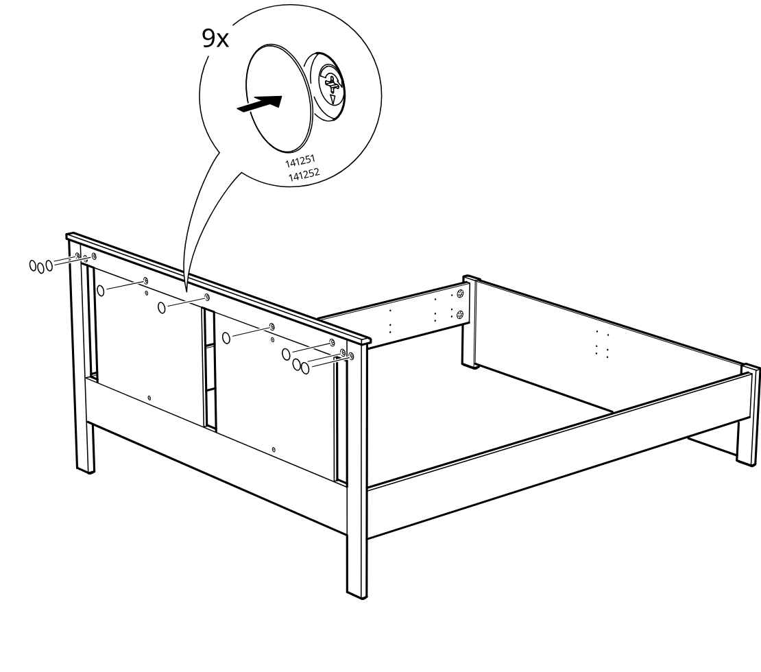 Diagram for step 27: The installer inserts and tightens nine cam locks into the marked holes on the headboard-side panels and rail connection points, as shown in the zoom callout.