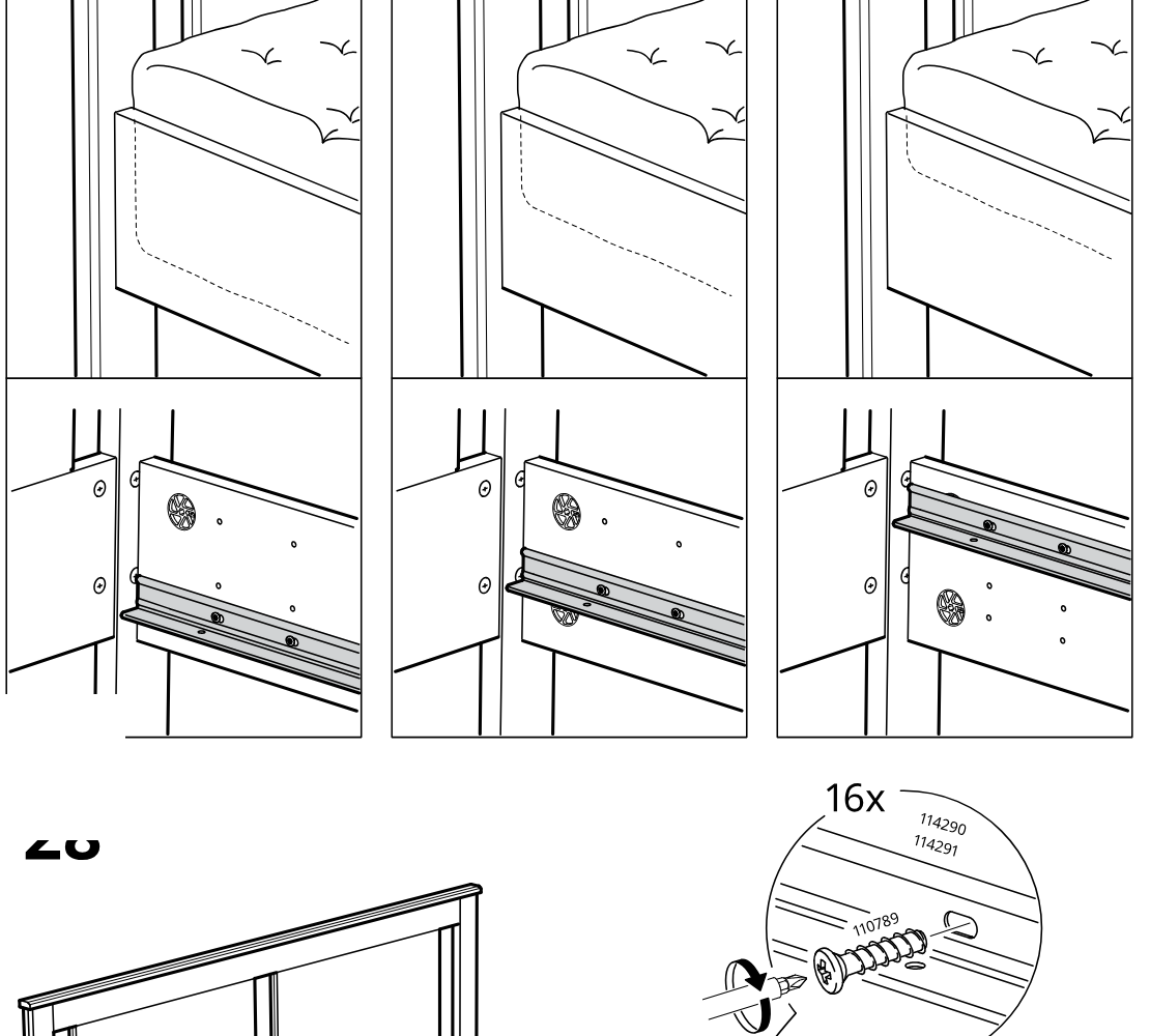 Diagram for step 28: The bed frame slats and rails are secured by driving screws into the marked holes, with the top comparison panels indicating the correct side-rail positioning and alignment.