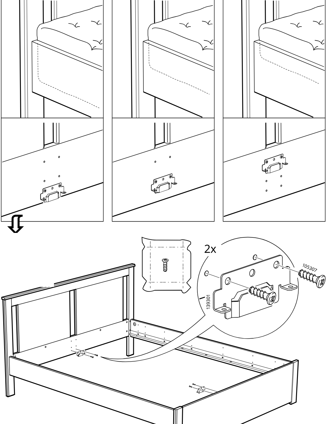 Diagram for step 29: Attach two 139301 brackets to the bed frame side panels using 105307 screws, with placement guided by the top comparison illustrations.