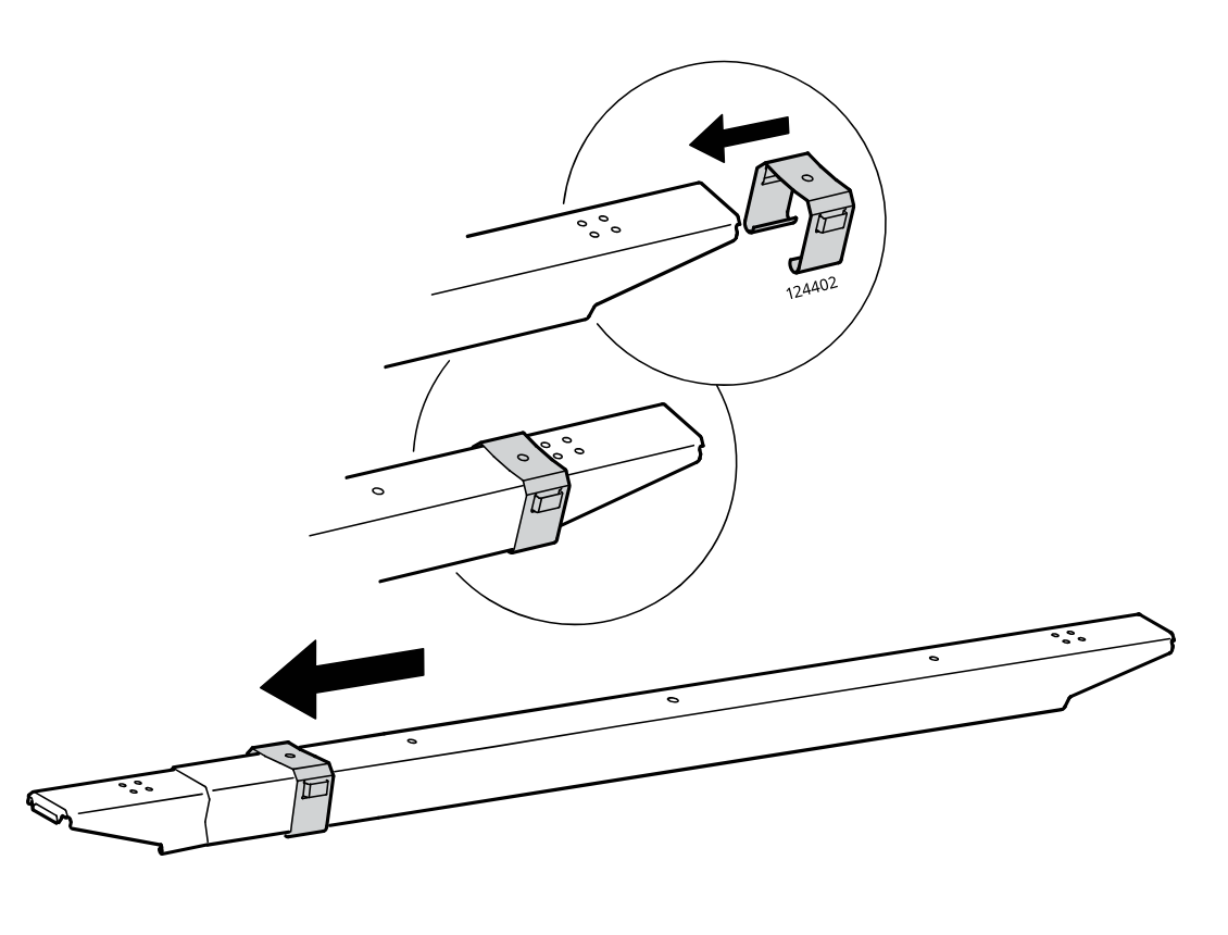 Diagram for step 30: Slide plastic clip part 124402 onto the long rail and push it left into position, as shown in the zoom insets and main view.