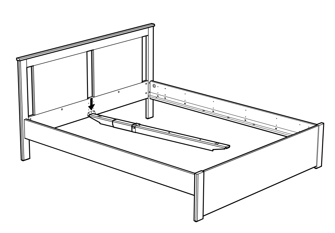 Diagram for step 31: The center support rail is aligned and lowered into the rear bracket inside the bed frame.