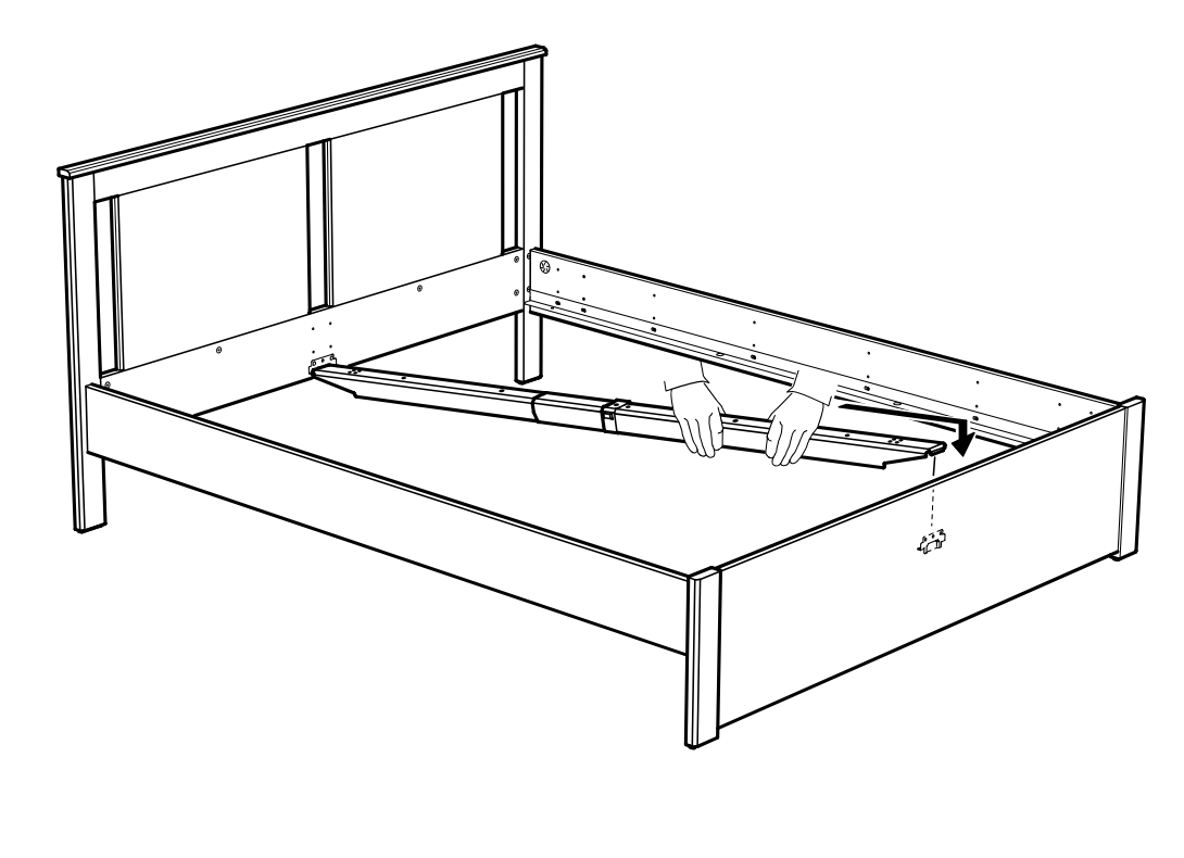 Diagram for step 32: The center support rail is rotated down at the front with both hands until it engages the front connection point.