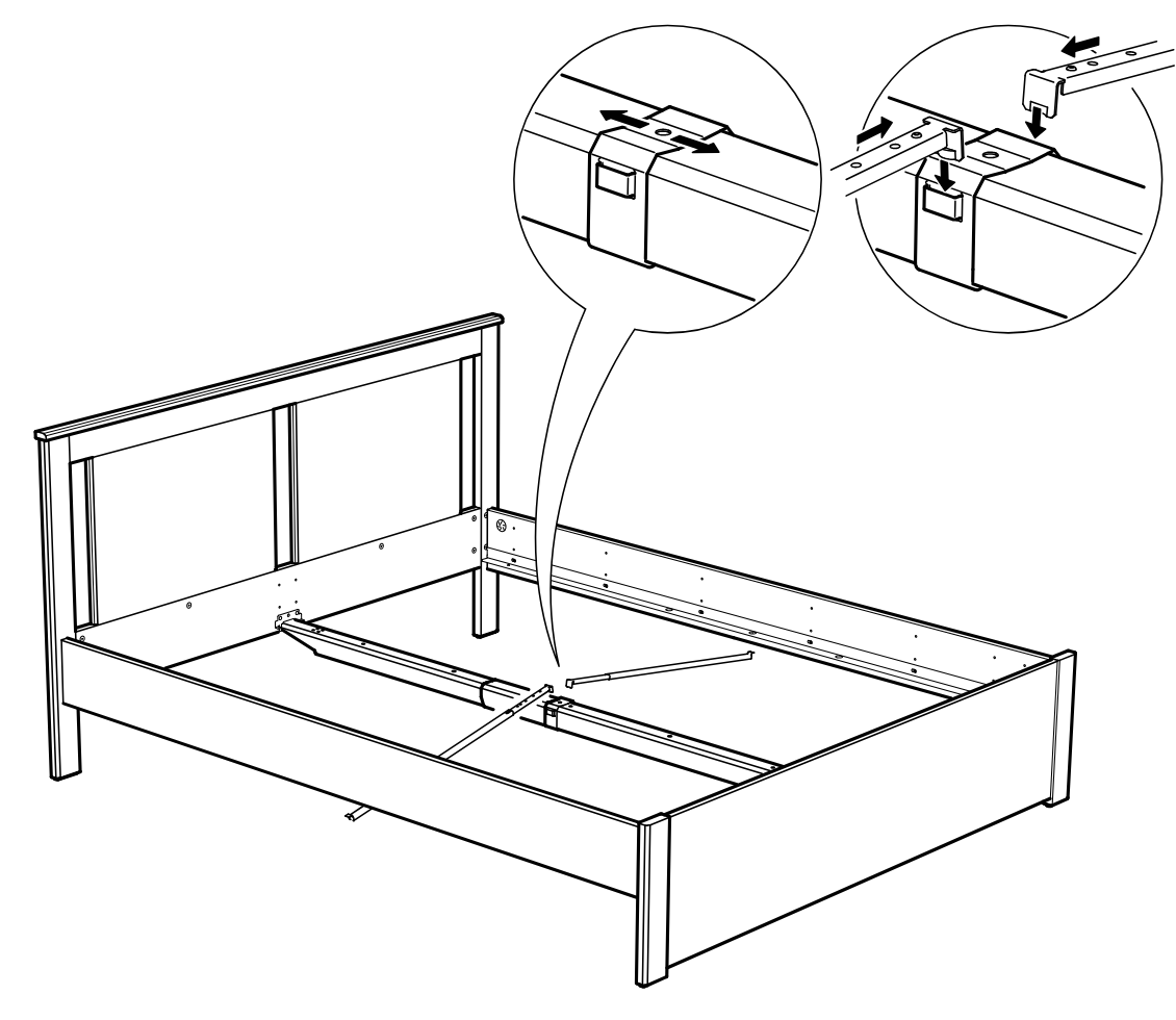 Diagram for step 34: The extended center rail is positioned and hooked onto the bed frame brackets, then slid and lowered into place as shown in the zoom callouts.