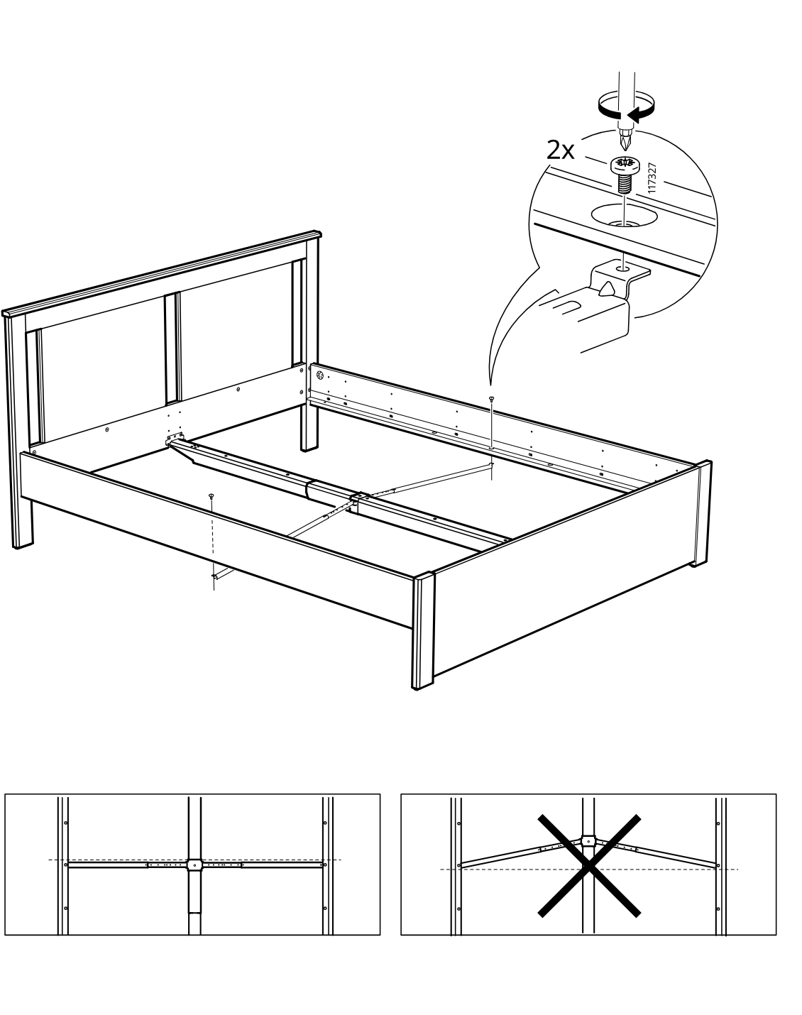 Diagram for step 35: Tighten two 117327 screws in the side rail area while keeping the center support rail straight and level; the crossed diagram indicates the support must not bow upward.