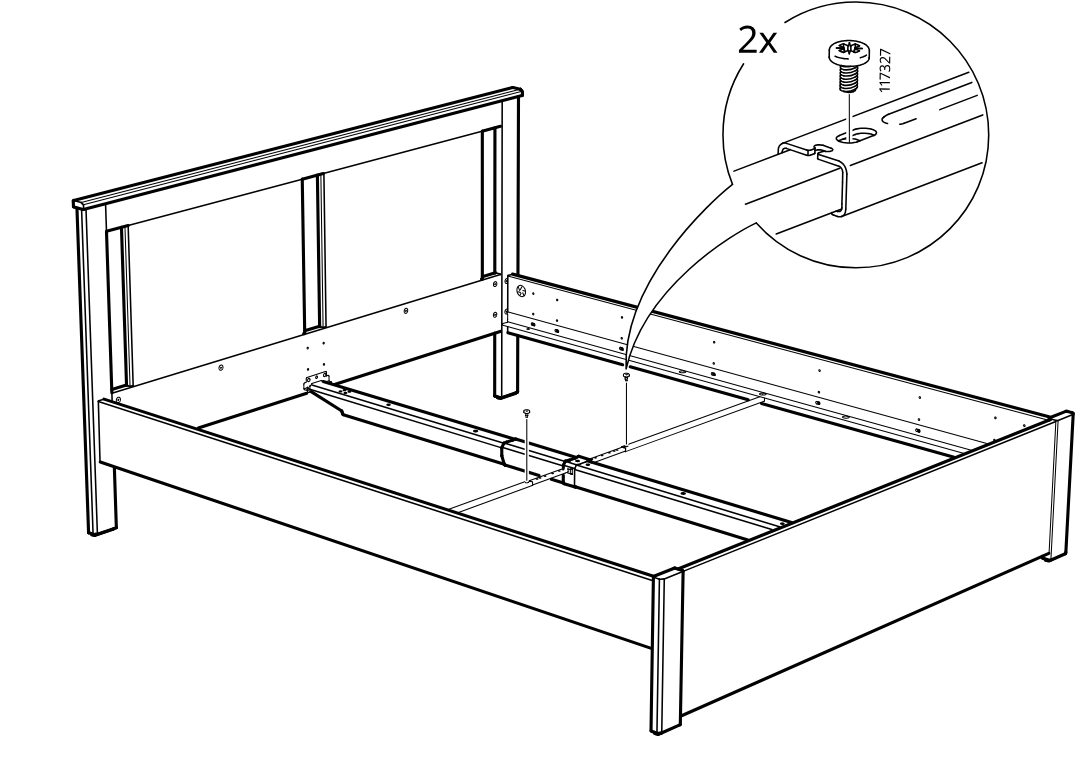 Diagram for step 36: The side rail and center support are aligned and secured with two 117327 screws as shown in the zoom callout.