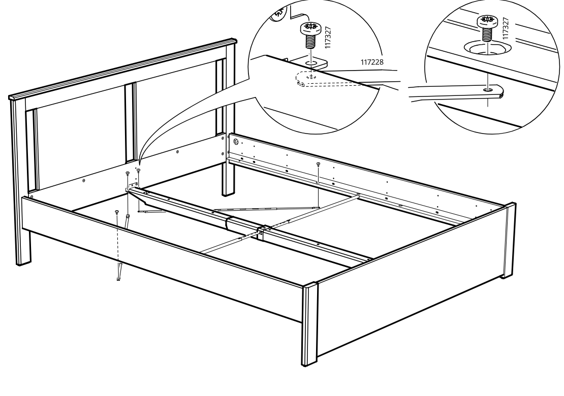 Diagram for step 37: The support bracket 117228 is positioned under the rail and fastened with 117327 screws, with the two zoom callouts showing the screw placements and bracket orientation.