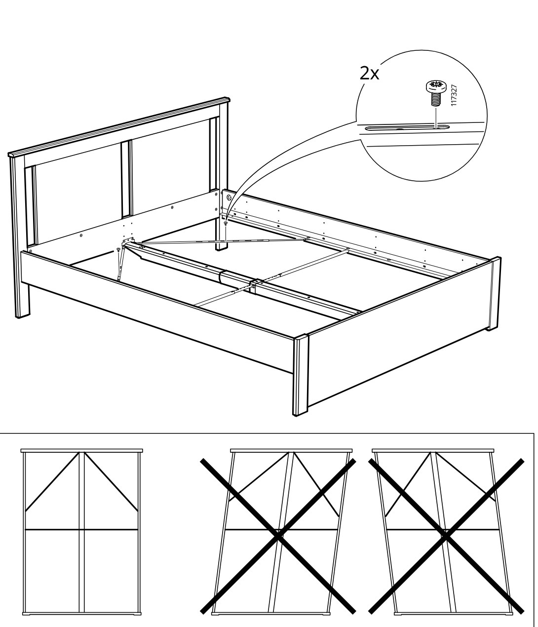 Diagram for step 38: The frame is secured with two screws into the side rail, then the base support orientation is checked so only the straight, square setup is accepted while skewed setups are rejected.