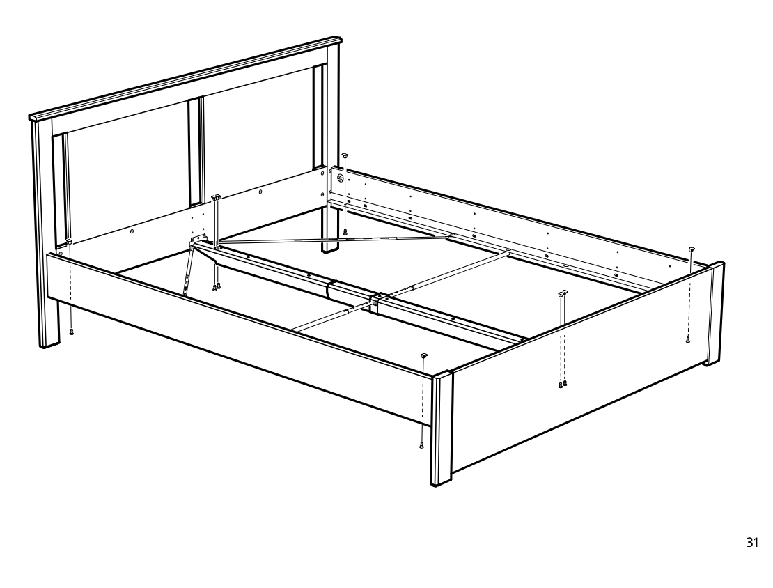 Diagram for step 39: The bed frame is assembled by securing multiple fasteners around the side rails, headboard, and center support structure.