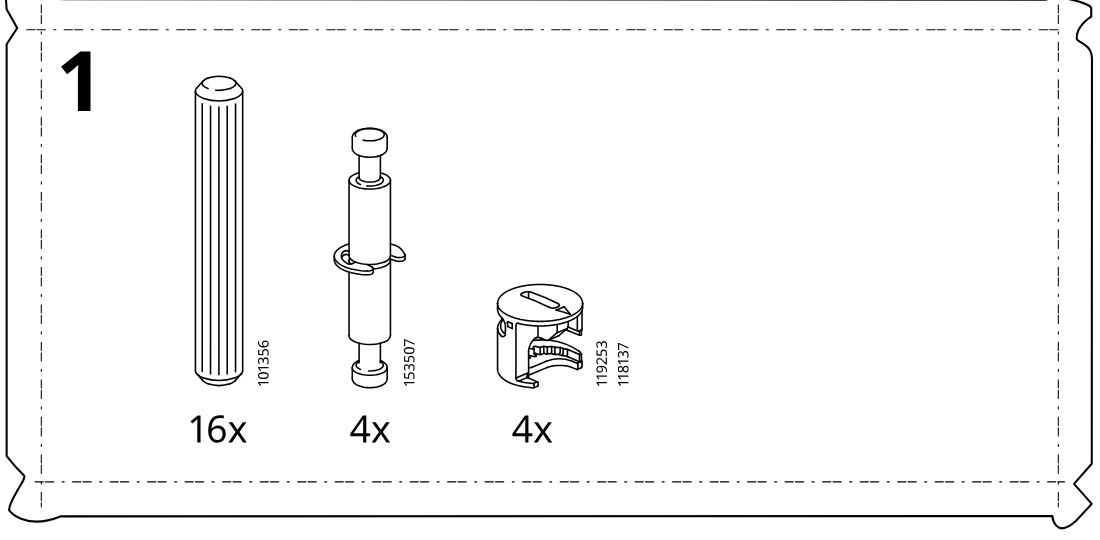 Illustration for assembly note: Parts-bag panel 1 shows required hardware: dowel 101356 (16x), connector pin 153507 (4x), and cam lock 119253/118137 (4x).