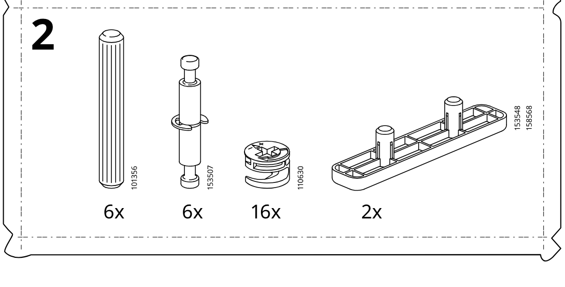 Illustration for assembly note: Parts-bag panel 2 shows required hardware: dowel 101356 (6x), connector pin 153507 (6x), cam lock 110630 (16x), and rail/bracket 153548/158568 (2x).
