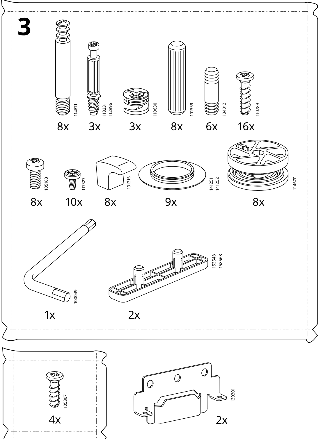 Illustration for assembly note: Parts-bag reference panel labeled 3 showing required hardware and tools with quantities and vertical part numbers.