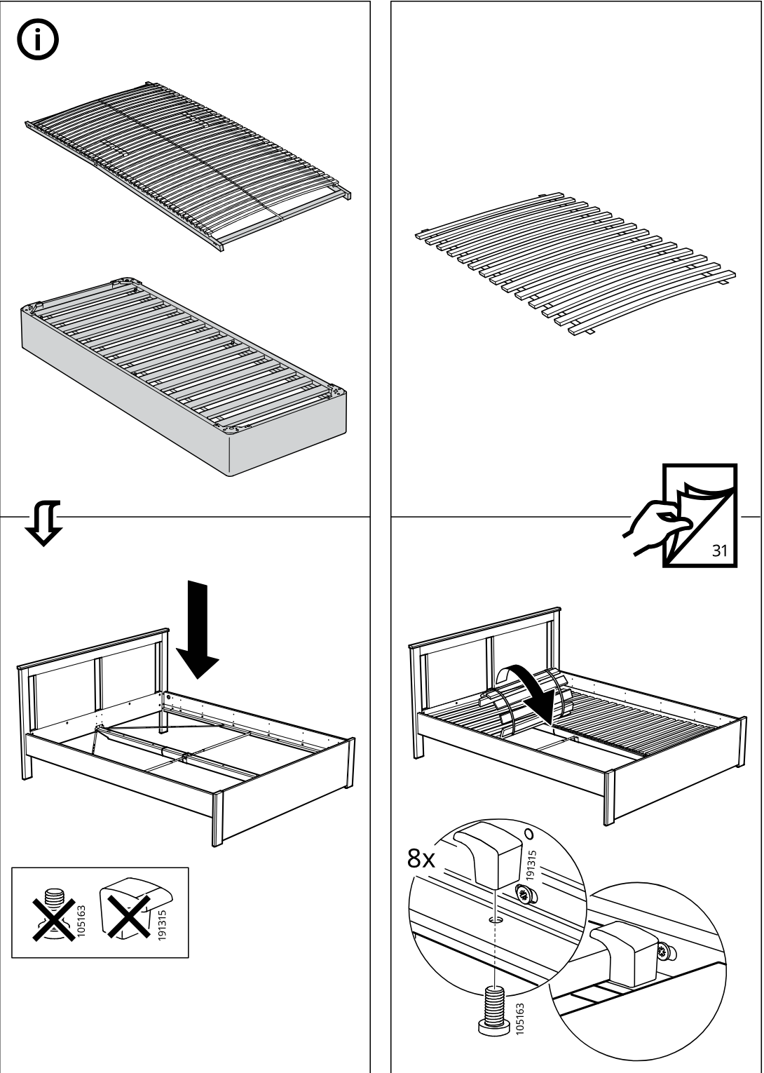 Illustration for assembly note: Information page shows slatted base configuration options and installation guidance: left column shows lifting bed base preparation and a do-not-use hardware comparison (105163 vs 191315), while right column shows fixed bed frame slat placement with 8x clips/screws and a page-turn icon directing to page 31.