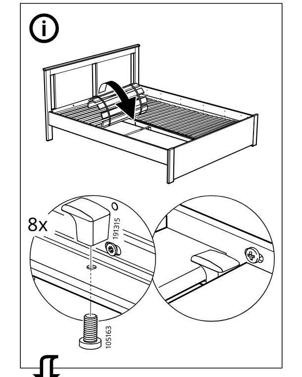 Illustration for assembly note: Information panel shows rolling out and positioning the slatted bed base, then fastening clips and screw 105163 (8x) with close-up callouts.