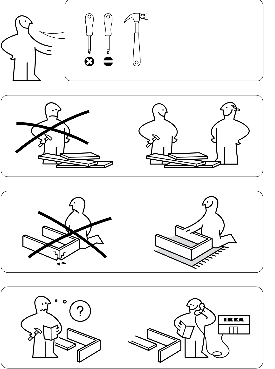 Illustration for assembly note: Preparation and safety guidance shows required tools (Phillips and flat screwdriver plus hammer), advises against assembling alone, warns not to assemble on a hard floor, and instructs to read instructions or contact IKEA support if unsure.
