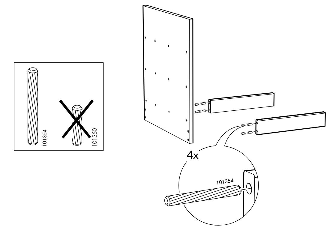 Diagram for step 1: The installer inserts four 101354 wooden dowels into the indicated side panel edge holes and prepares two rails for attachment, with a zoomed inset showing correct dowel type versus crossed-out 101350.