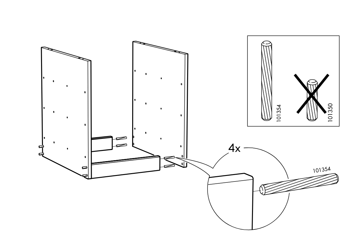 Diagram for step 2: The installer joins two side panels with the rails and inserts four 101354 wooden dowels into the exposed rail-side holes, with a zoomed inset and crossed-out 101350 reminder.
