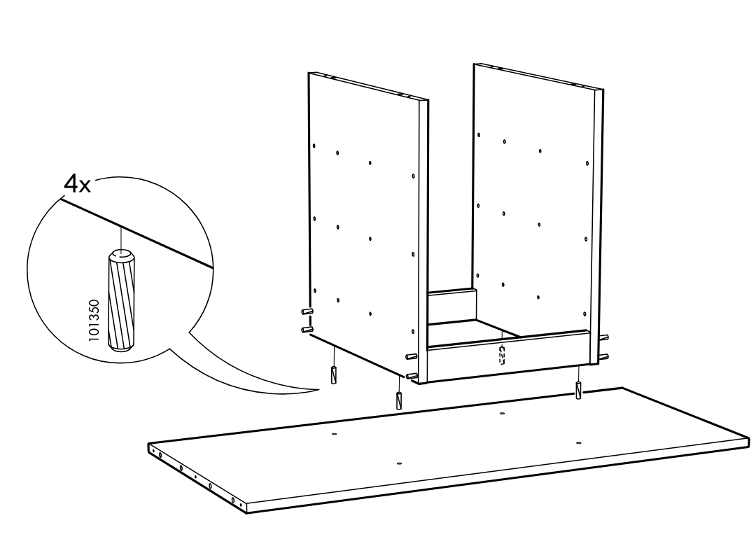 Diagram for step 3: The two side panels and center supports are aligned above the bottom board, and four dowels (part 101350) are inserted as indicated by the zoom callout.
